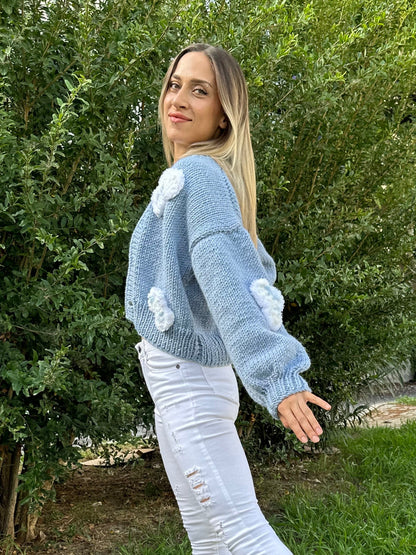 blue knit cardigan, cloud cardigan, soft knit sweater, cozy blue cardigan, hand-knitted clouds, relaxed fit cardigan, casual knitwear, premium yarn cardigan, sky-inspired cardigan, playful knit sweater