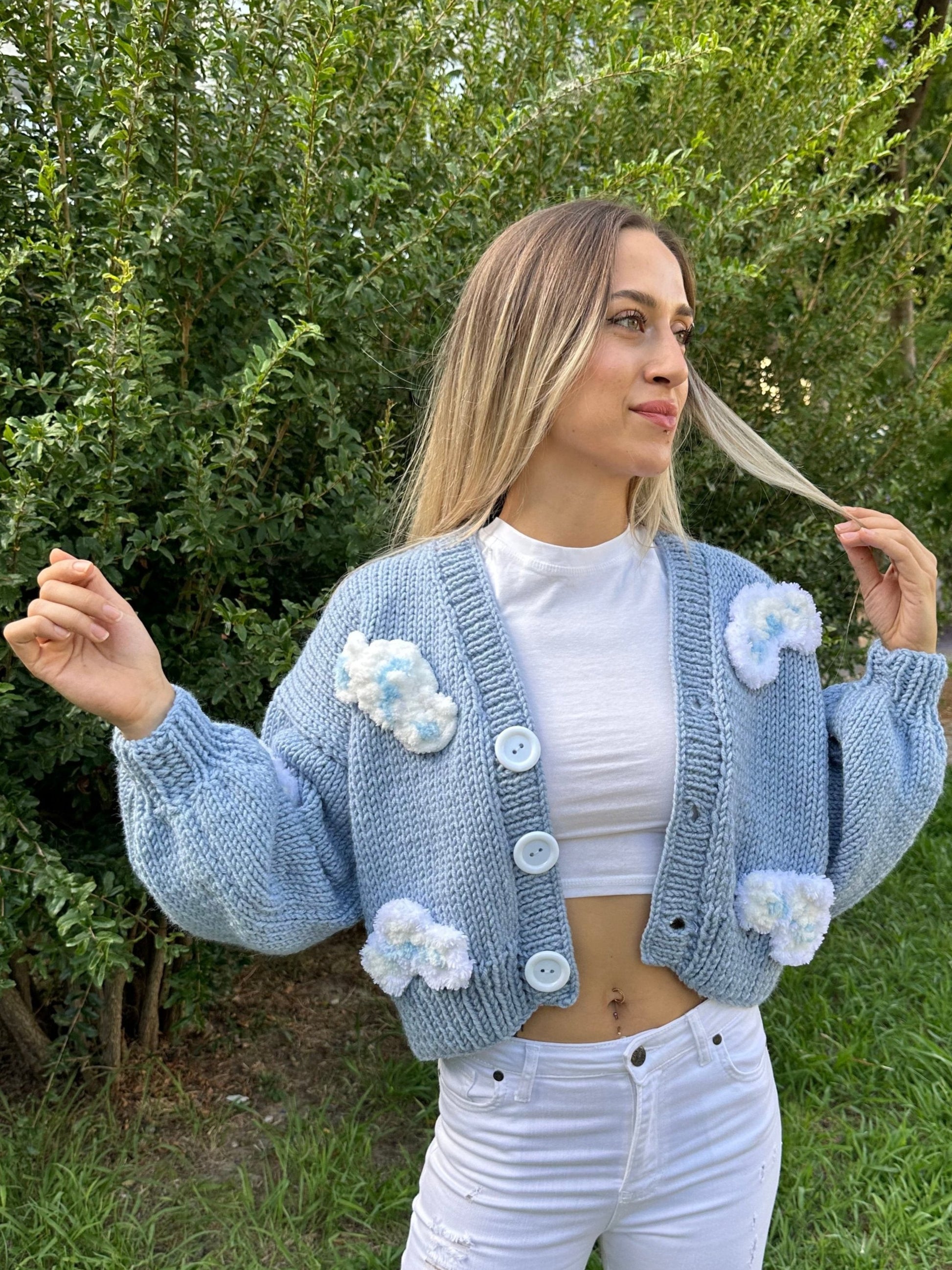 blue knit cardigan, cloud cardigan, soft knit sweater, cozy blue cardigan, hand-knitted clouds, relaxed fit cardigan, casual knitwear, premium yarn cardigan, sky-inspired cardigan, playful knit sweater