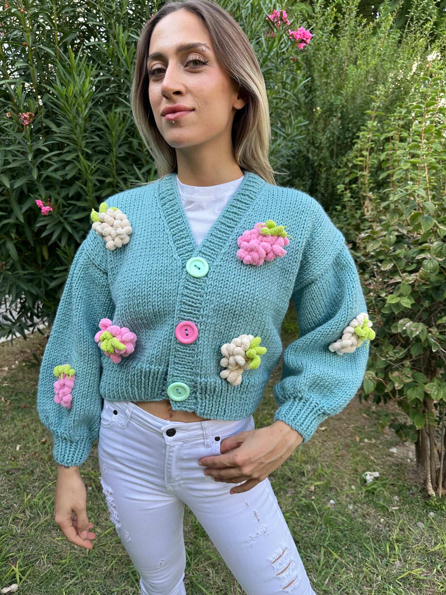 mint blue sweater, raspberry print sweater, cozy knitwear, soft knit sweater, relaxed fit sweater, cute berry design, casual knit top, comfy layering piece, stylish fall sweater, feminine knitwear