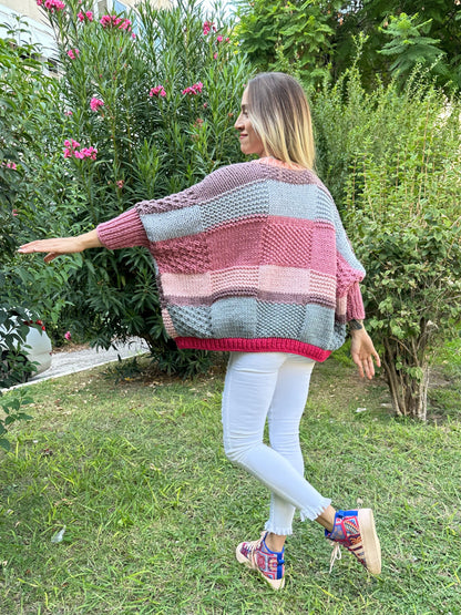 patchwork cardigan, cozy knit sweater, pastel cardigan, soft yarn cardigan, colorful knitwear, relaxed fit sweater, playful cardigan, casual layering piece, unique handmade knitwear, stylish fall cardigan