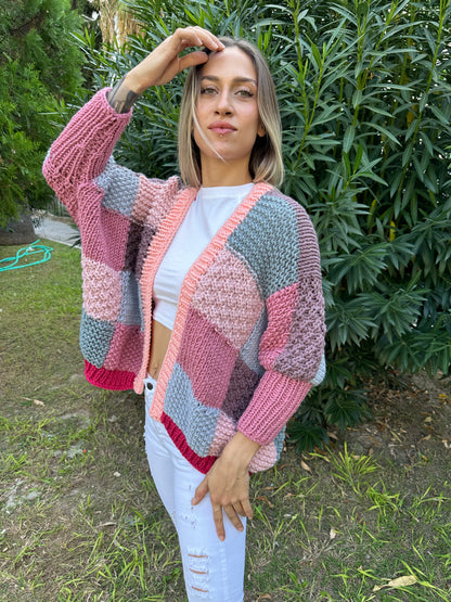 patchwork cardigan, cozy knit sweater, pastel cardigan, soft yarn cardigan, colorful knitwear, relaxed fit sweater, playful cardigan, casual layering piece, unique handmade knitwear, stylish fall cardigan